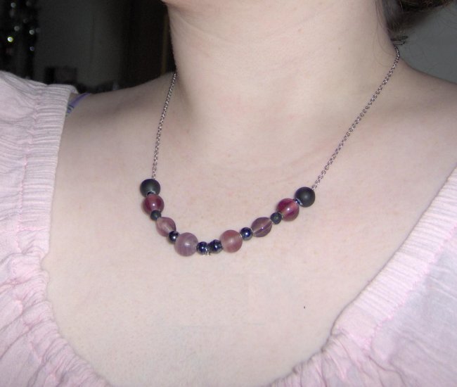Purple glass bead and silver chain necklace