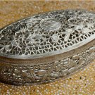 Asian Filigree Silver Oval Lidded Box with Flowers