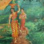 Antique Asian Original Cambodian Buddha Oil Painting Monks BA3