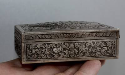 Asian Silver Square Floral Pattern Box
