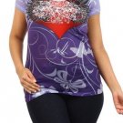 WOMENS PLUS SIZE PURPLE SPANDEX GRAPHIC T-SHIRT RHINESTONES HEART DESIGN 1X 2X