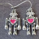 Silver tone Articulated HEART ROBOT drop hook pierced earrings super cute!
