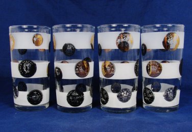 LIBBEY Mid Century Set of 4 Coin Frosted Bands Glasses Tumbler Black Gold 10 Oz FastFree Ship