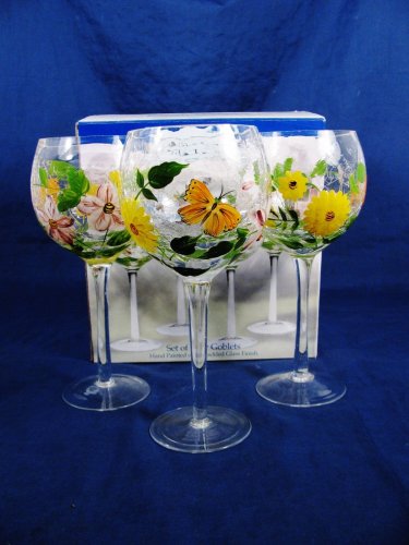 HOME ESSENTIALS Laurel Hill Set 3 Wine Glass Goblets Floral Butterfly Motif Fast Free Ship