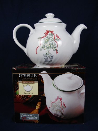 CORELLE Coordinates Stoneware 1QT Teapot Callaway Holiday Topiary Red Bow w/ Box Fast Free Ship