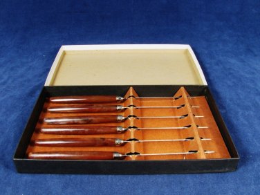WARWICK Remark O Edge Steak Knife Set of 6 Stainless Sheffield Bakelite Handles Fast Free Ship