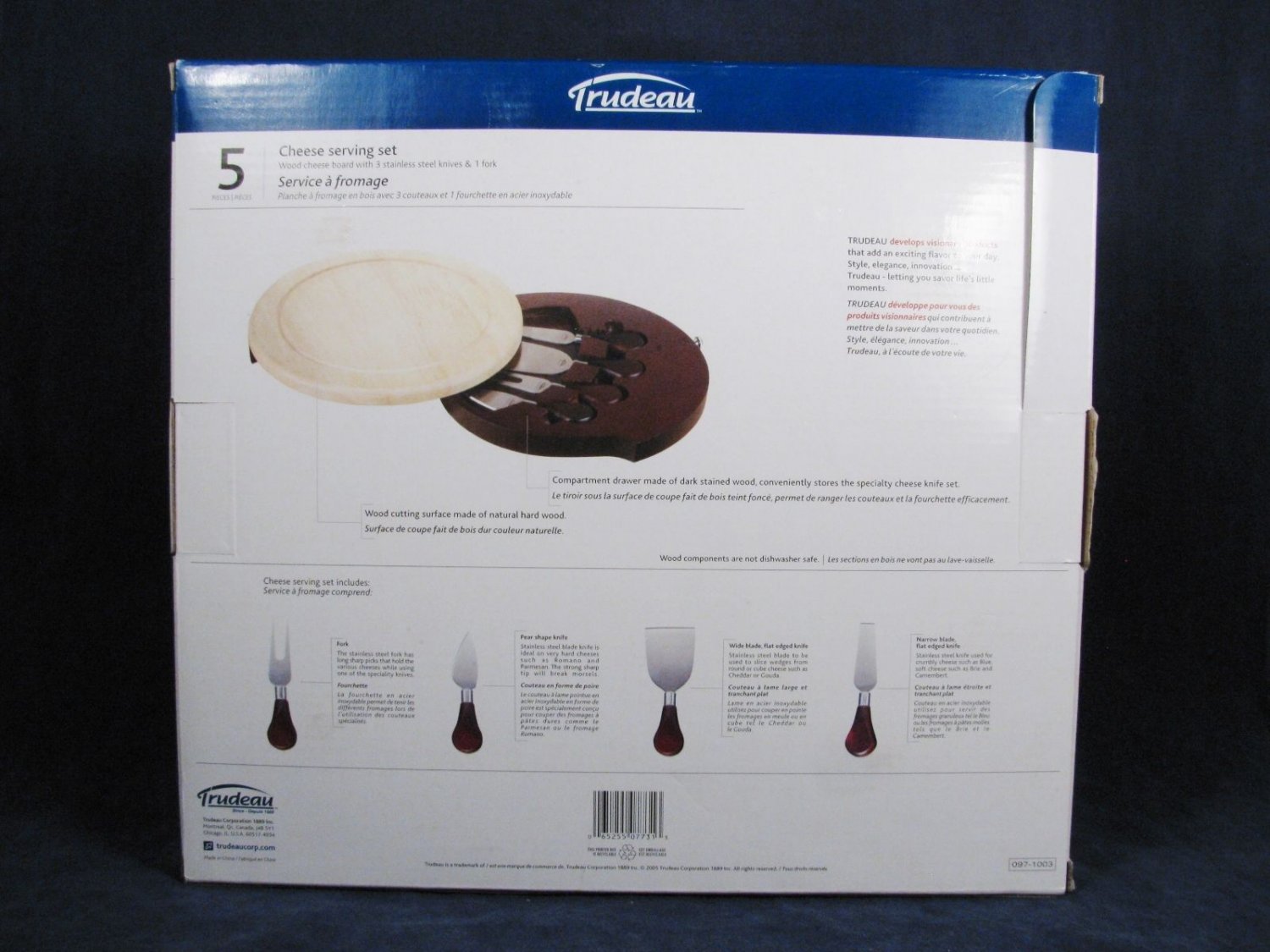 TRUDEAU Cheese Serving Set Wood Cheese Board 3 Stainless Steel Knives 1