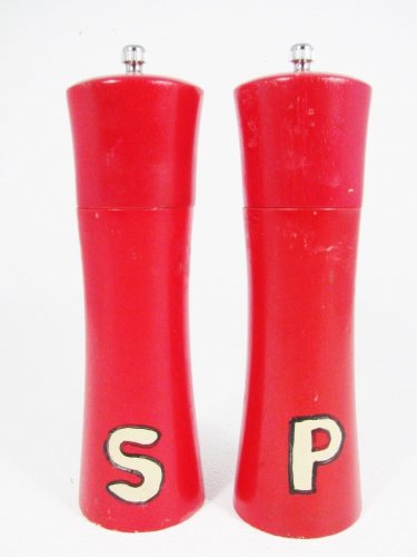 Set of 2 Handpainted Retro Red Wood Salt Shaker & Pepper Mill 8" Fast Free Ship