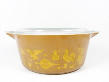 Mid Century PYREX Americana Lidded Large Casserole Dish Brown Gold 2 1/2" Qt  Fast Free Ship