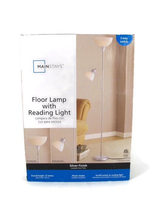 Mainstays 3 Way Switch Floor Lamp w/ Reading Light Silver Finish 6 Ft