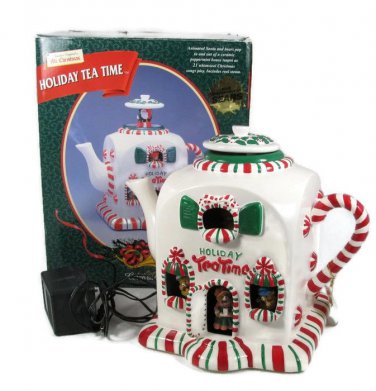 Mr Christmas 1998 Holiday Tea Time Ceramic Animated Musical Peppermint Teapot Fast Free Ship