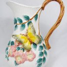 Fitz and Floyd Classics White Pitcher Vase Pink Floral Butterfly Vine Handle 10"