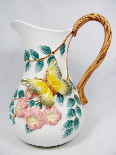 Fitz and Floyd Classics White Pitcher Vase Pink Floral Butterfly Vine Handle 10"