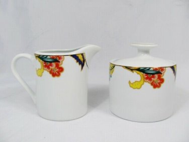 American Atelier Canton Road Creamer & Lidded Sugar Bowl Set Floral Green Leaves