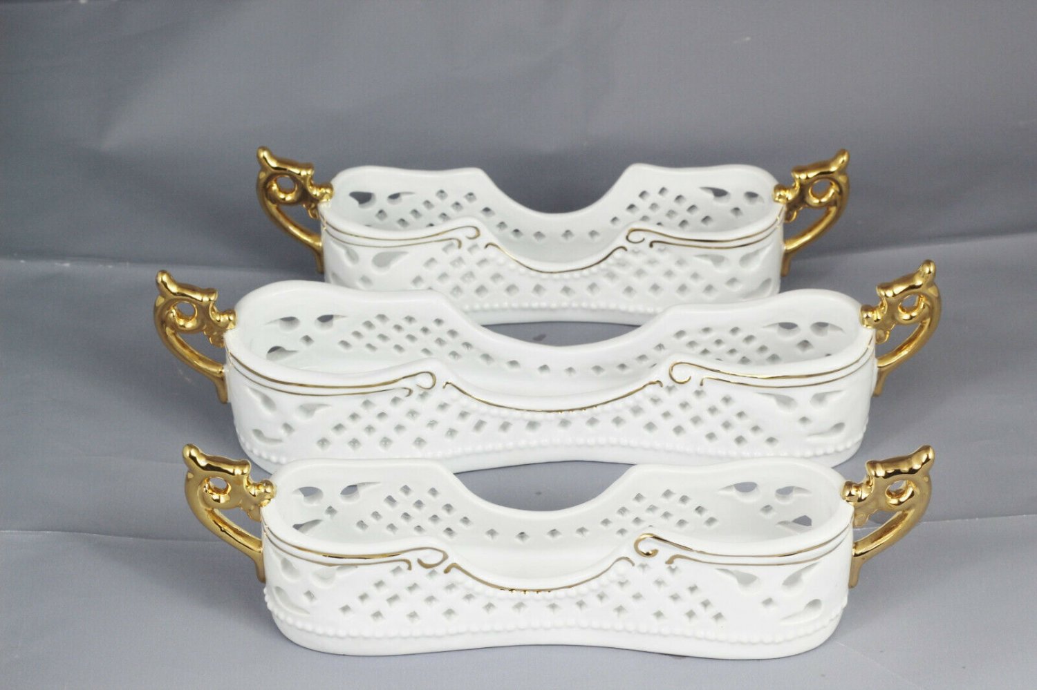 Porcelain Treasures White Gold 3 Utensil Flatware Silverware Holders Caddy