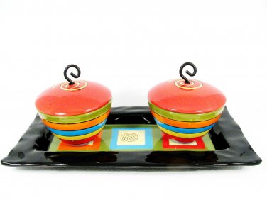 Popular Creations Rectangle Serving Tray & Dip Bowls Lidded Artisan Partyware