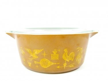 Pyrex Mid Century Americana Lidded Casserole Dish Brown Gold Large 2 1/2" Qt