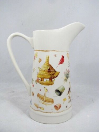 Marjolein Bastin Ceramic Pitcher Nature Sketchbook Birdhouse Garden Flower 10"
