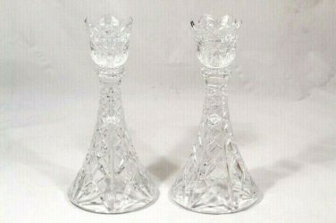 Crystal Glass Candle Holder Candlesticks Set  2 Floral Petal Diamond Pattern 8"