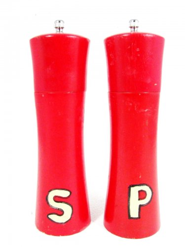 Salt Shaker & Pepper Mill Handpainted Retro Red Wood 8" Set of 2
