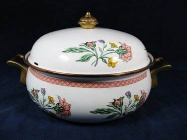 Enamel Ware Cookware Dish Pot Brass Handles Floral Covered Casserole 10 3/8"