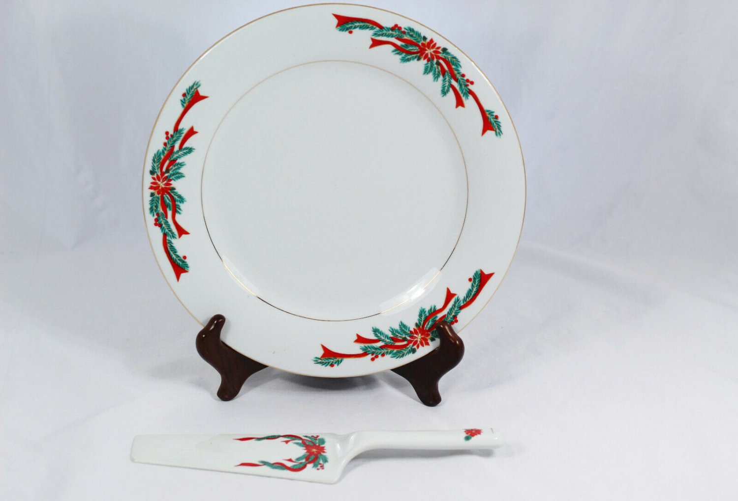 Poinsettia & Ribbons Porcelain Holiday Cake Plate 10.5" & Server