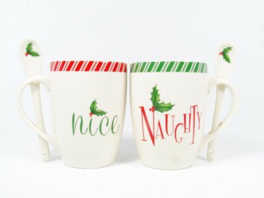 Set 2 Lenox Holiday Christmas White Candy Cane Mug Cup with Spoon Naught & Nice