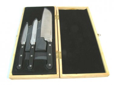 Santoku Paring & Serrated w/ Wood Case Knives Knife Stainless Steel Set of 3