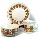 Action Child's Stoneware Serving Set  71/4" Plate Bowl and Cup Teddies 1985
