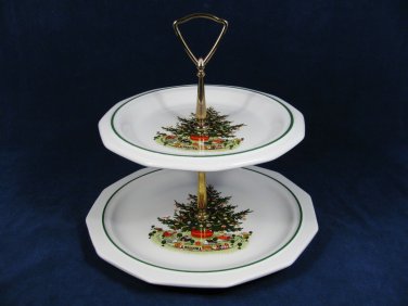 Pfaltzgraff  2 Tiered Christmas Tree Snacks Cookies Serving Tray w/ Handle