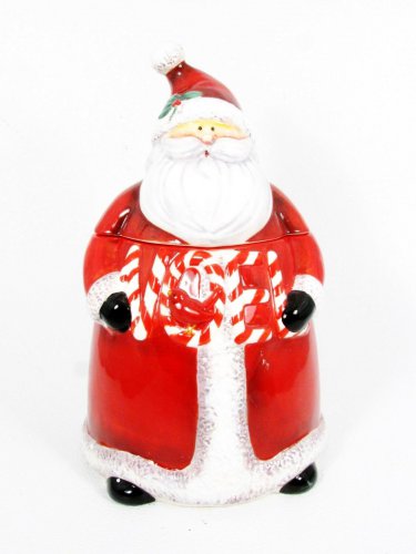 Certified Int'l Red Cookie Jar Candy Cane Santa Stephanie Stouffer 12 1/4"