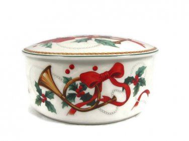 Mikasa Maxima Round Trinket Box Porcelain Holly Berry Ribbon Jubilation Trumpet