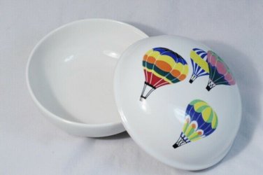 Mikasa Up Up & Away Hot Air Balloons White Round Covered Box Trinket 4.5"