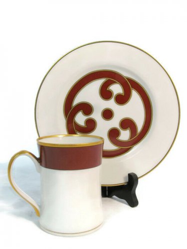 Fitz and Floyd White Red Cup & Saucer Set Renaisance & Charade Red Gold Band