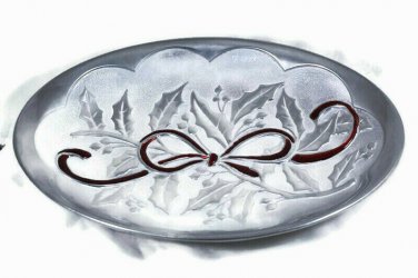 Lenox Holiday Carved Small Metal Silver Oval Serving Tray w/ Red Bow 10 inches