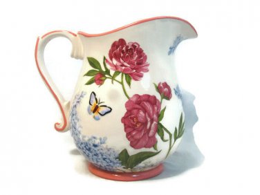 Harry & David Pitcher Water Juice Floral Peonies Butterfly Hydrangeas 7 1/4"