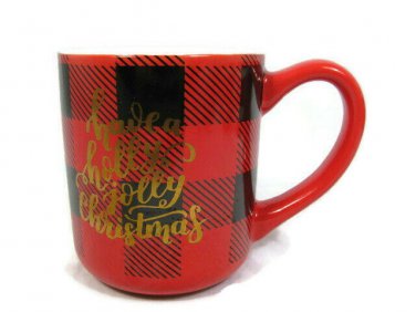 Have A Holly Jolly Christmas Coffee Tea Mug Cup Red & Black Plaid & Checks 16 Oz