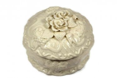 Potpourri Designs Porcelain Round Covered Trinket Box with Rose Design 6 1/4"