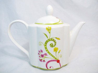 Pier 1 Imports Teapot Lydia Dolomite White Pink Yellow Green Floral Scrolls 3.5"