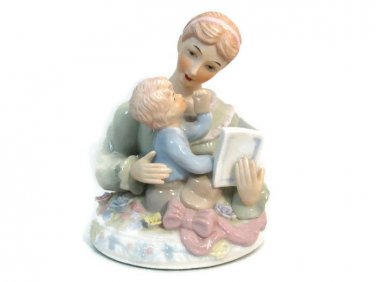 Brahms Waltz Wind Up Musical Box Mother Reading To Baby Glazed Pottery Blue Pink