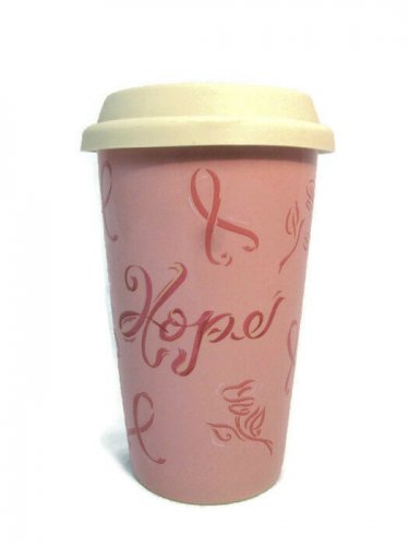 Longaberger Pink Pottery Travel Mug Cup w/ Lid Horizon of Hope 8 Oz