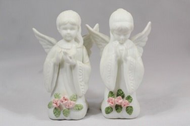 Set of 2 Lefton China Small Kneeling White Angels Figurine Handpainted TWH07975A