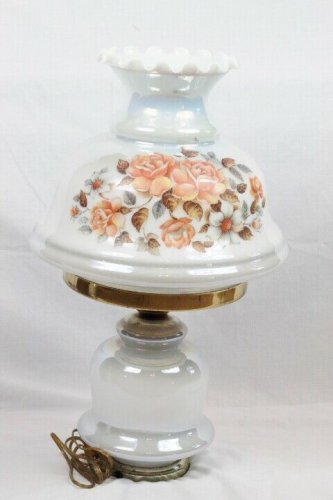 Vintage GWTW Set of 2 Parlor Table Lamps Floral Milk Glass 1-Way Electric 23"