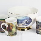 Thomas Kinkade Painter of Light Set of Ceramic Bowl w/ 3 Cups Mugs