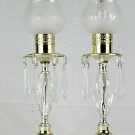 Vintage Pair of Table Lamps Drop Prism Crystal with Glass Shades Marble Base 15"