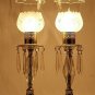 Vintage Pair of Table Lamps Drop Prism Crystal with Glass Shades Marble Base 15"