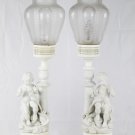 Lot of 2 Parian Ceramic Porcelain Bisque White Sitting Boy w/ Bird Table Lamp