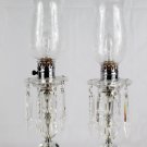 Vintage Pair of Boudoir Mantle Hand Cut Crystal Prisms Hurricane Table Lamps