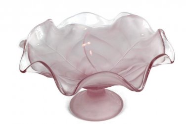 Footed Pedestal Pink Frosted Glass Bowl Centerpiece Scalloped Edges Leaf Pattern