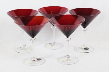 Circleware Set of 5 Red Martini Cocktail Vodka Glasses Clear Stem 7"